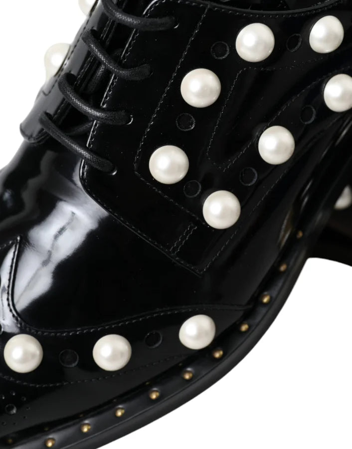 Dolce &amp; Gabbana Black Leather Faux Pearl Dress Brogue Shoes