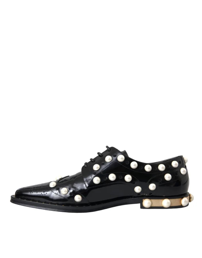 Dolce &amp; Gabbana Black Leather Faux Pearl Dress Brogue Shoes