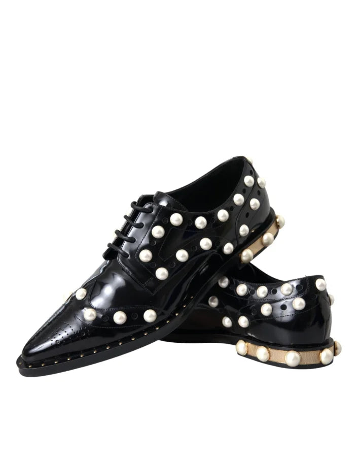 Dolce &amp; Gabbana Black Leather Faux Pearl Dress Brogue Shoes