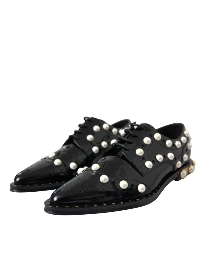 Dolce &amp; Gabbana Black Leather Faux Pearl Dress Brogue Shoes