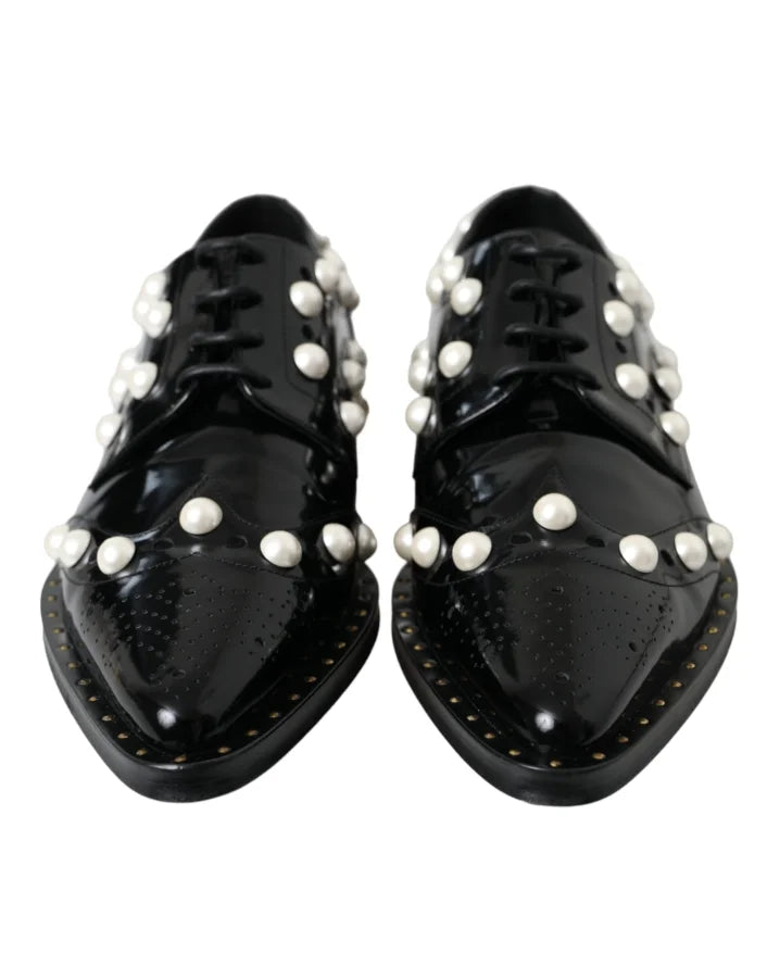 Dolce &amp; Gabbana Black Leather Faux Pearl Dress Brogue Shoes