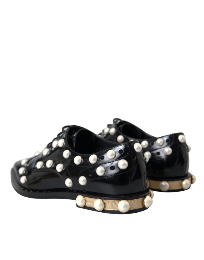 Dolce &amp; Gabbana Black Leather Faux Pearl Dress Brogue Shoes