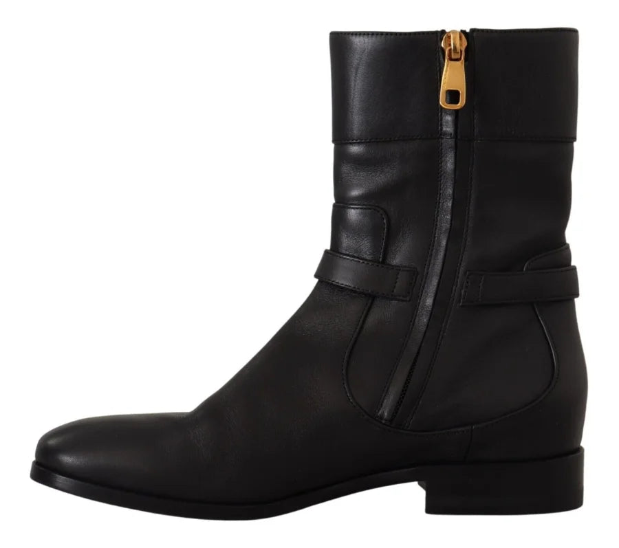 Dolce &amp; Gabbana Black Leather Flats Logo Short Boots Shoes