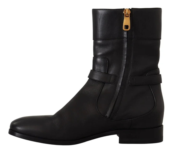 Dolce &amp; Gabbana Black Leather Flats Logo Short Boots Shoes
