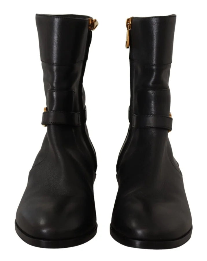 Dolce &amp; Gabbana Black Leather Flats Logo Short Boots Shoes