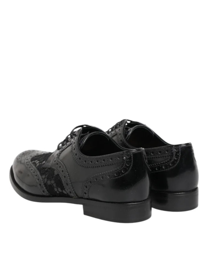 Dolce &amp; Gabbana Black Leather Floral Lace Dress Formal Shoes