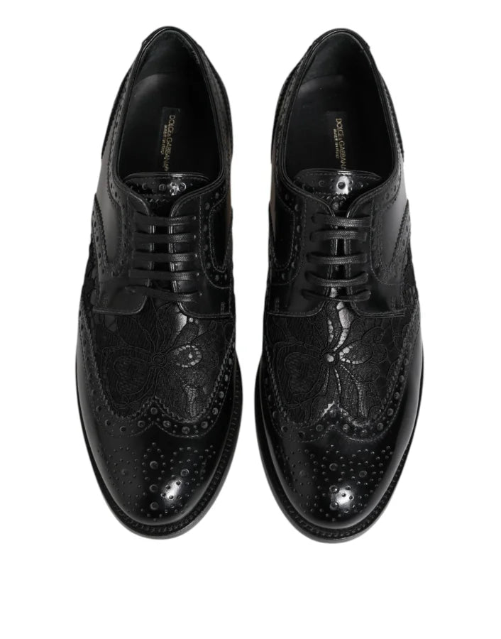 Dolce &amp; Gabbana Black Leather Floral Lace Dress Formal Shoes