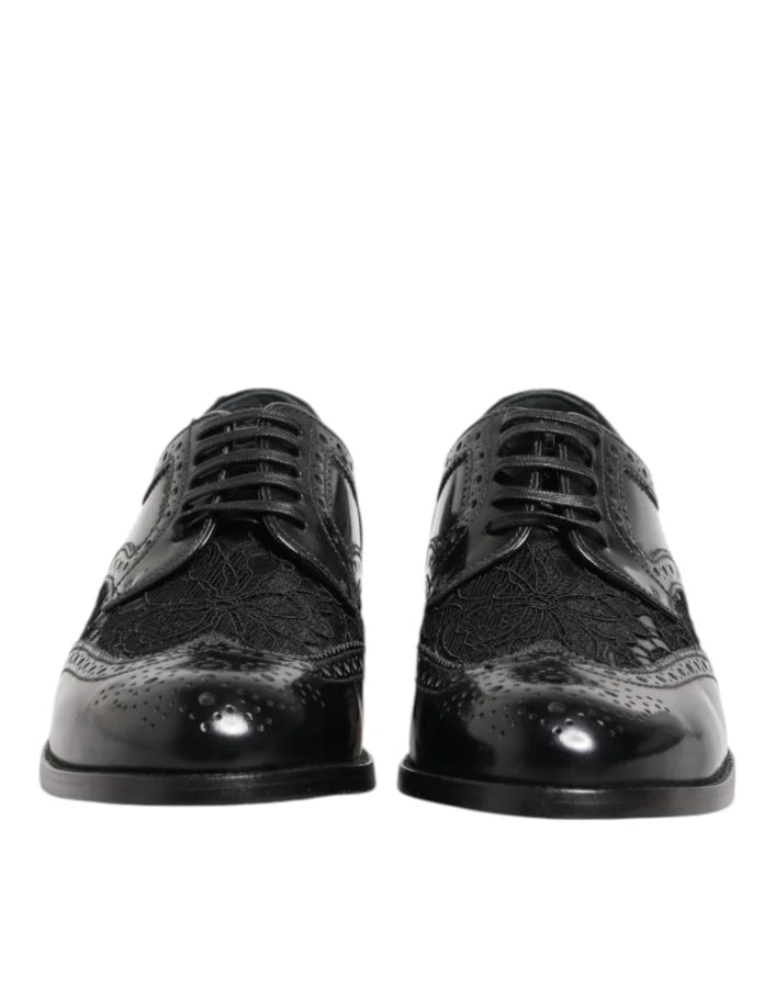 Dolce &amp; Gabbana Black Leather Floral Lace Dress Formal Shoes