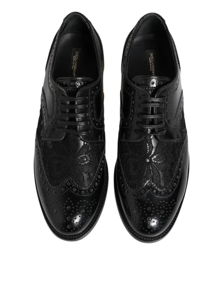 Dolce &amp; Gabbana Black Leather Floral Lace Dress Formal Shoes