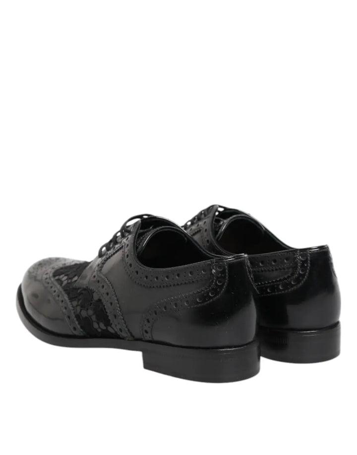 Dolce &amp; Gabbana Black Leather Floral Lace Dress Formal Shoes