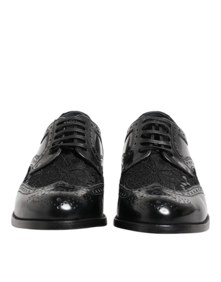 Dolce &amp; Gabbana Black Leather Floral Lace Dress Formal Shoes