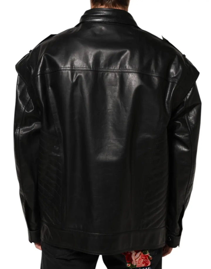 Dolce &amp; Gabbana Black Leather Full Zip Biker Blouson Jacket
