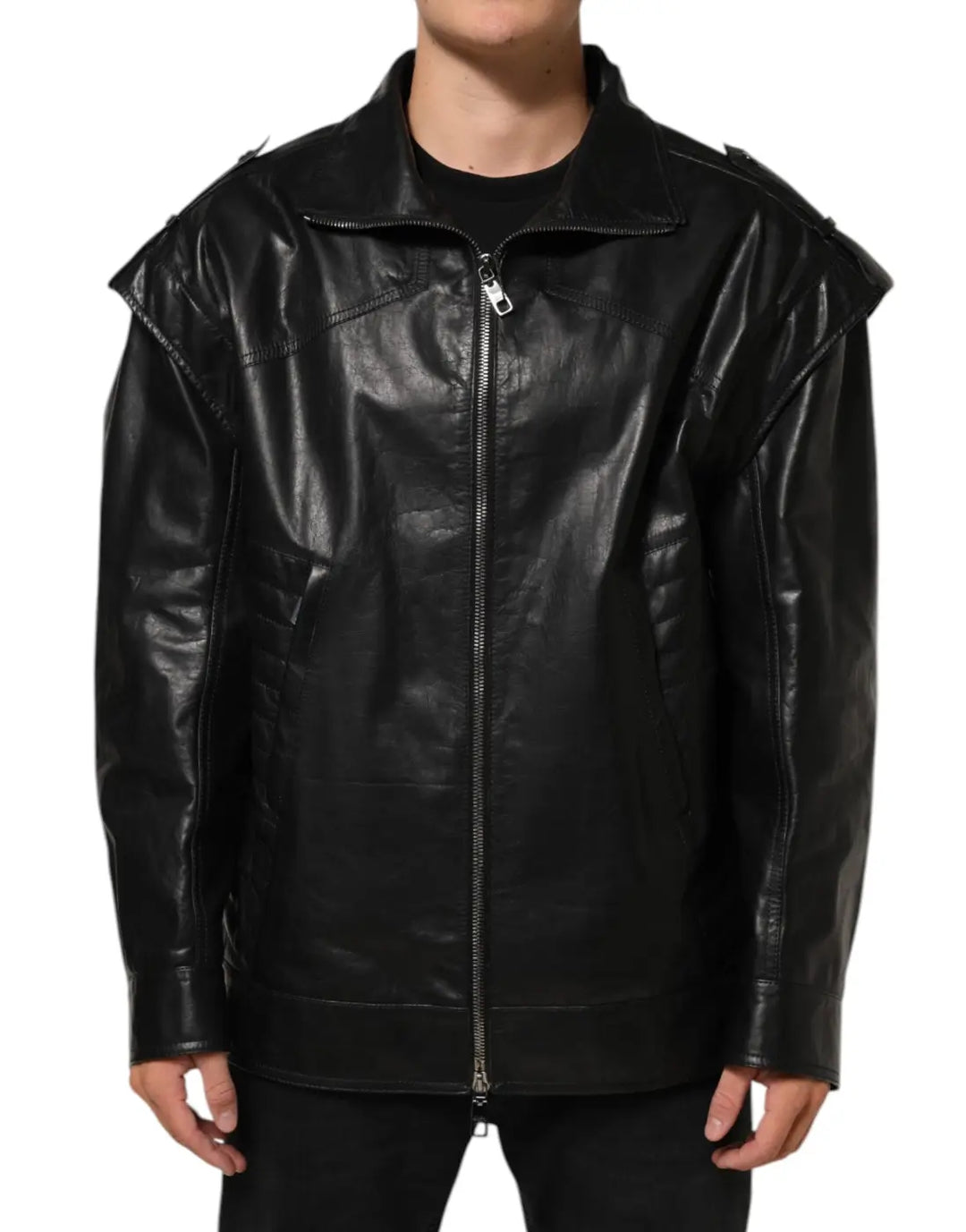 Dolce &amp; Gabbana Black Leather Full Zip Biker Blouson Jacket