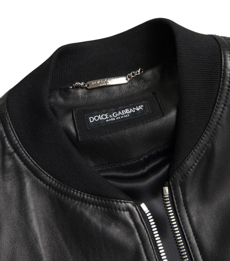 Dolce & Gabbana Black Leather Full Zip Bomber Men Jacket