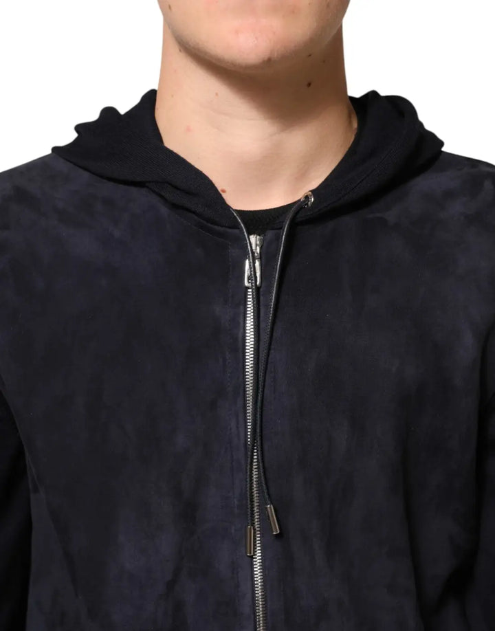 Dolce &amp; Gabbana Black Leather Full Zip Hooded Blouson Jacket