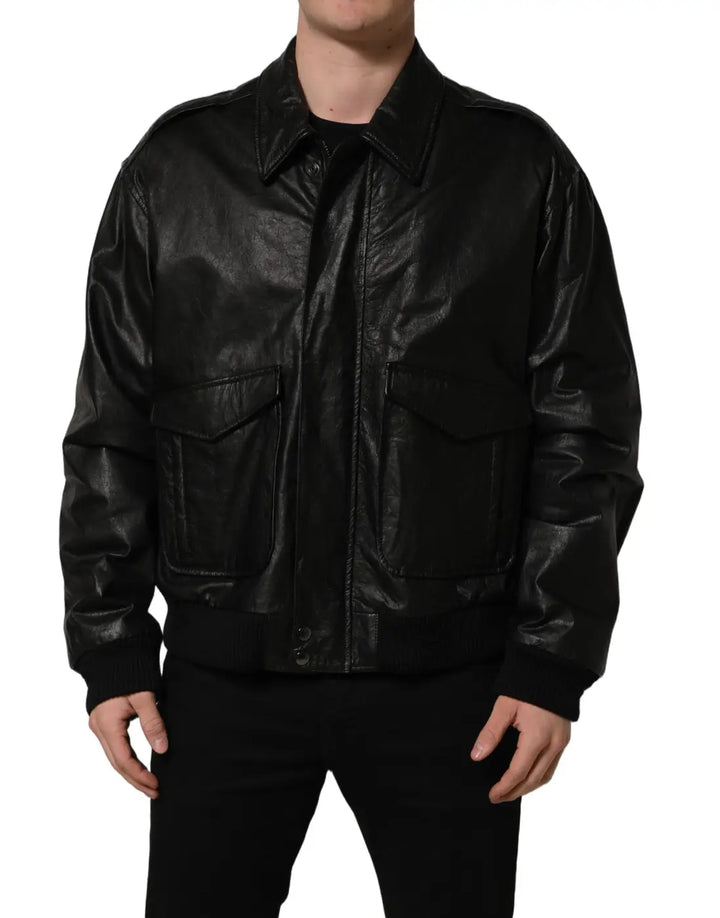 Dolce &amp; Gabbana Black Leather Full Zip Men Biker Jacket