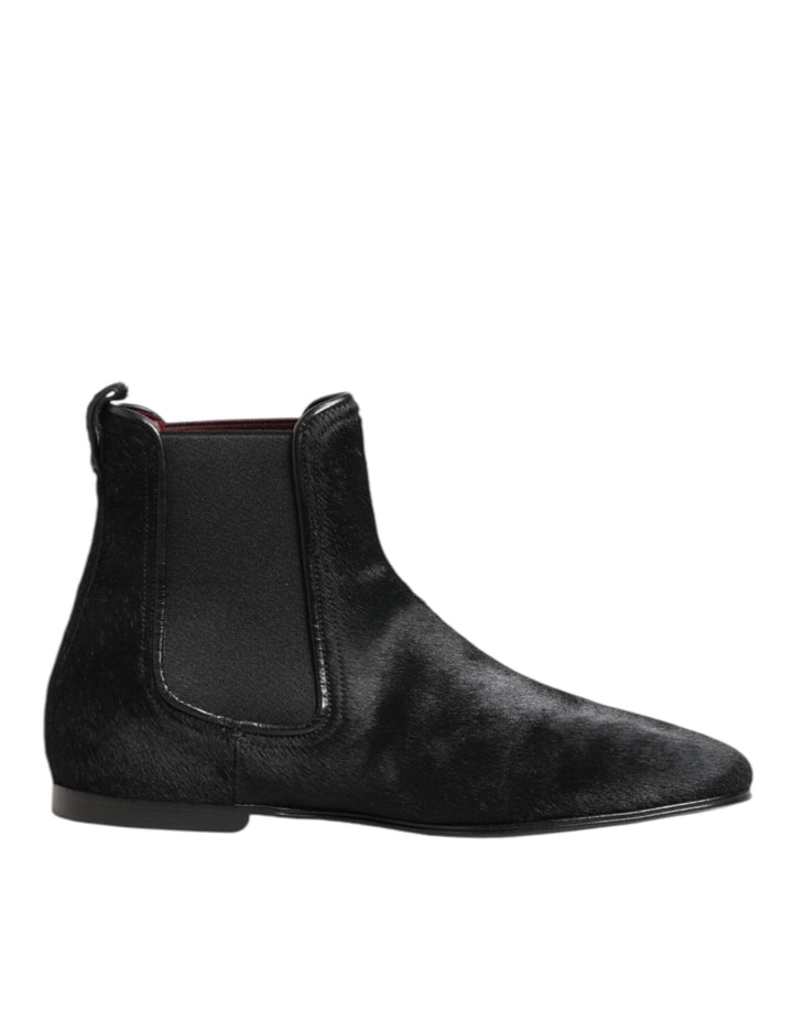 Dolce &amp; Gabbana Black Leather Fur Men Chelsea Boots Shoes