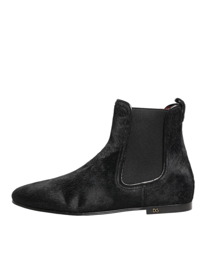 Dolce &amp; Gabbana Black Leather Fur Men Chelsea Boots Shoes