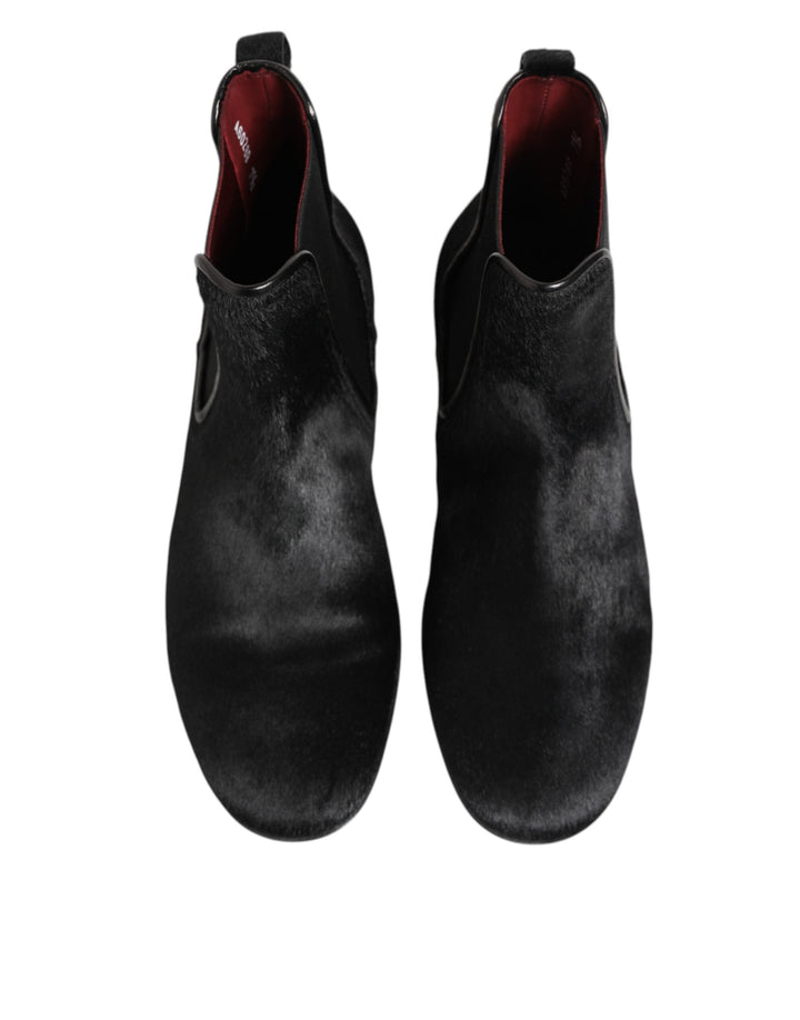 Dolce &amp; Gabbana Black Leather Fur Men Chelsea Boots Shoes