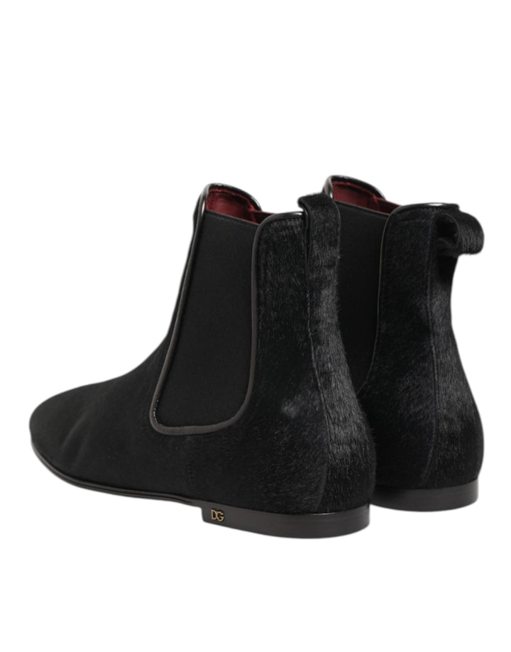 Dolce &amp; Gabbana Black Leather Fur Men Chelsea Boots Shoes