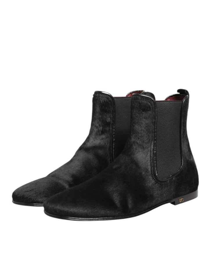 Dolce &amp; Gabbana Black Leather Fur Men Chelsea Boots Shoes