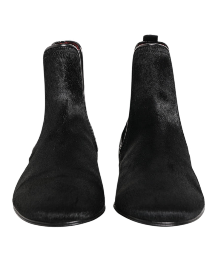 Dolce &amp; Gabbana Black Leather Fur Men Chelsea Boots Shoes