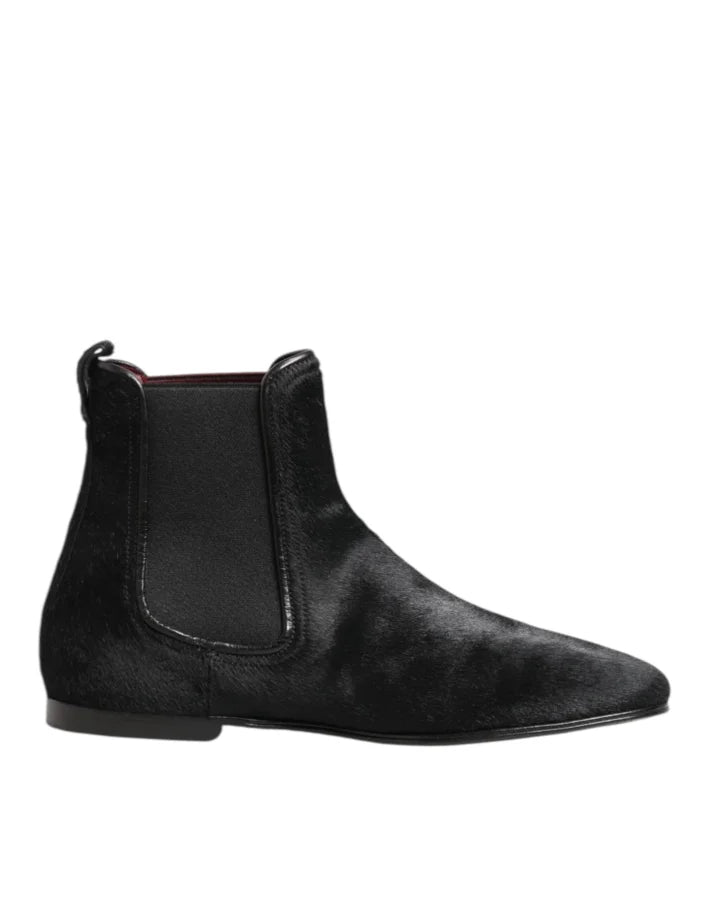 Dolce &amp; Gabbana Black Leather Fur Men CHELSEA Boots Shoes