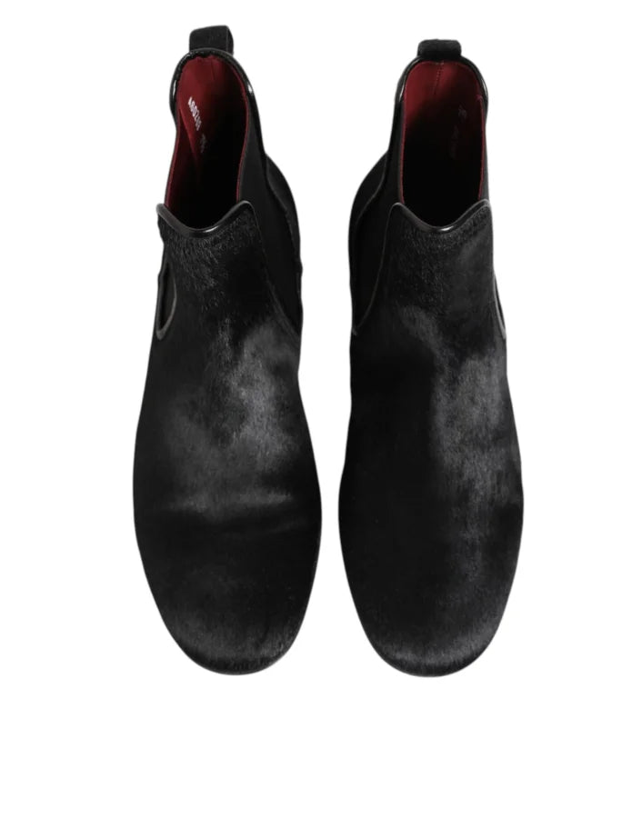 Dolce &amp; Gabbana Black Leather Fur Men CHELSEA Boots Shoes