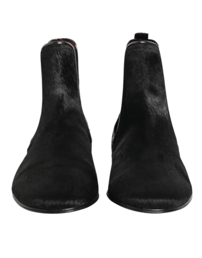 Dolce &amp; Gabbana Black Leather Fur Men CHELSEA Boots Shoes