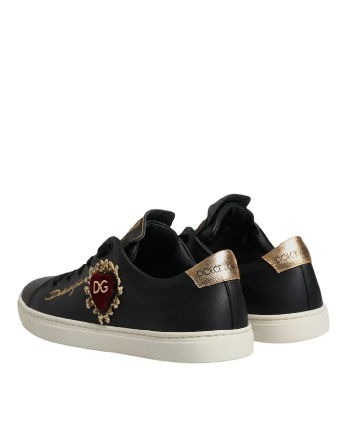 Dolce &amp; Gabbana Black Leather Gold Red Heart Sneakers Shoes
