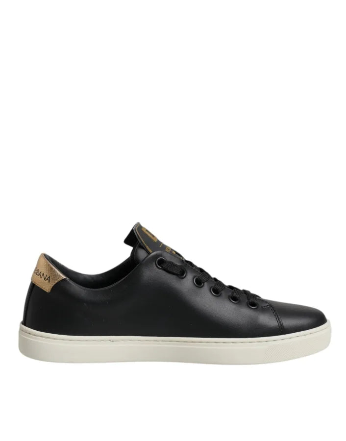 Dolce &amp; Gabbana Black Leather Gold Red Heart Sneakers Shoes