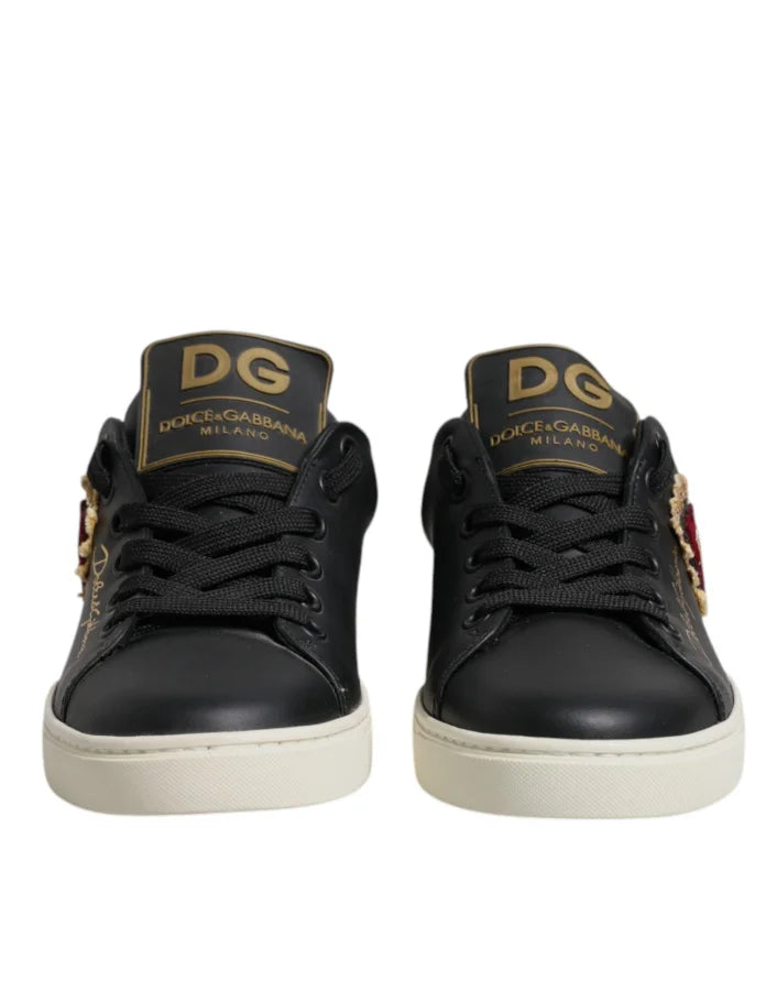 Dolce &amp; Gabbana Black Leather Gold Red Heart Sneakers Shoes
