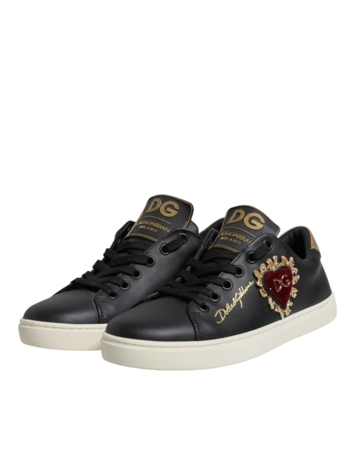 Dolce &amp; Gabbana Black Leather Gold Red Heart Sneakers Shoes