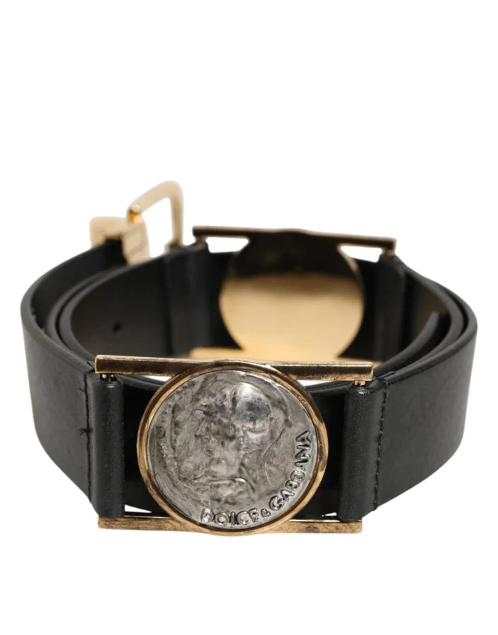 Dolce &amp; Gabbana Black Leather Gold Silver Coin Buckle Belt