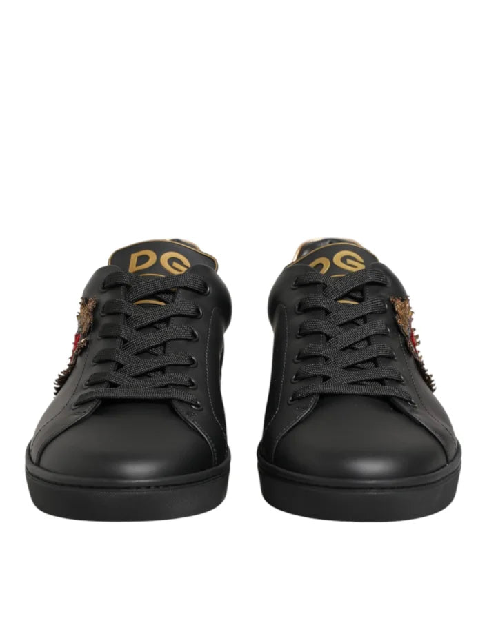Dolce &amp; Gabbana Black Leather Heart Embellished Sneakers Shoes