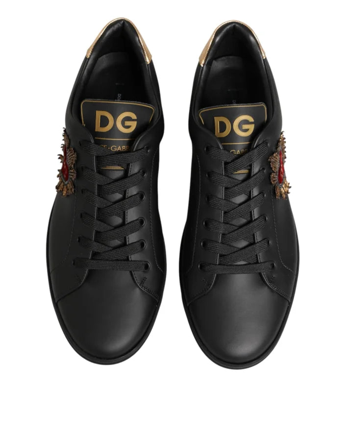 Dolce &amp; Gabbana Black Leather Heart Embellished Sneakers Shoes