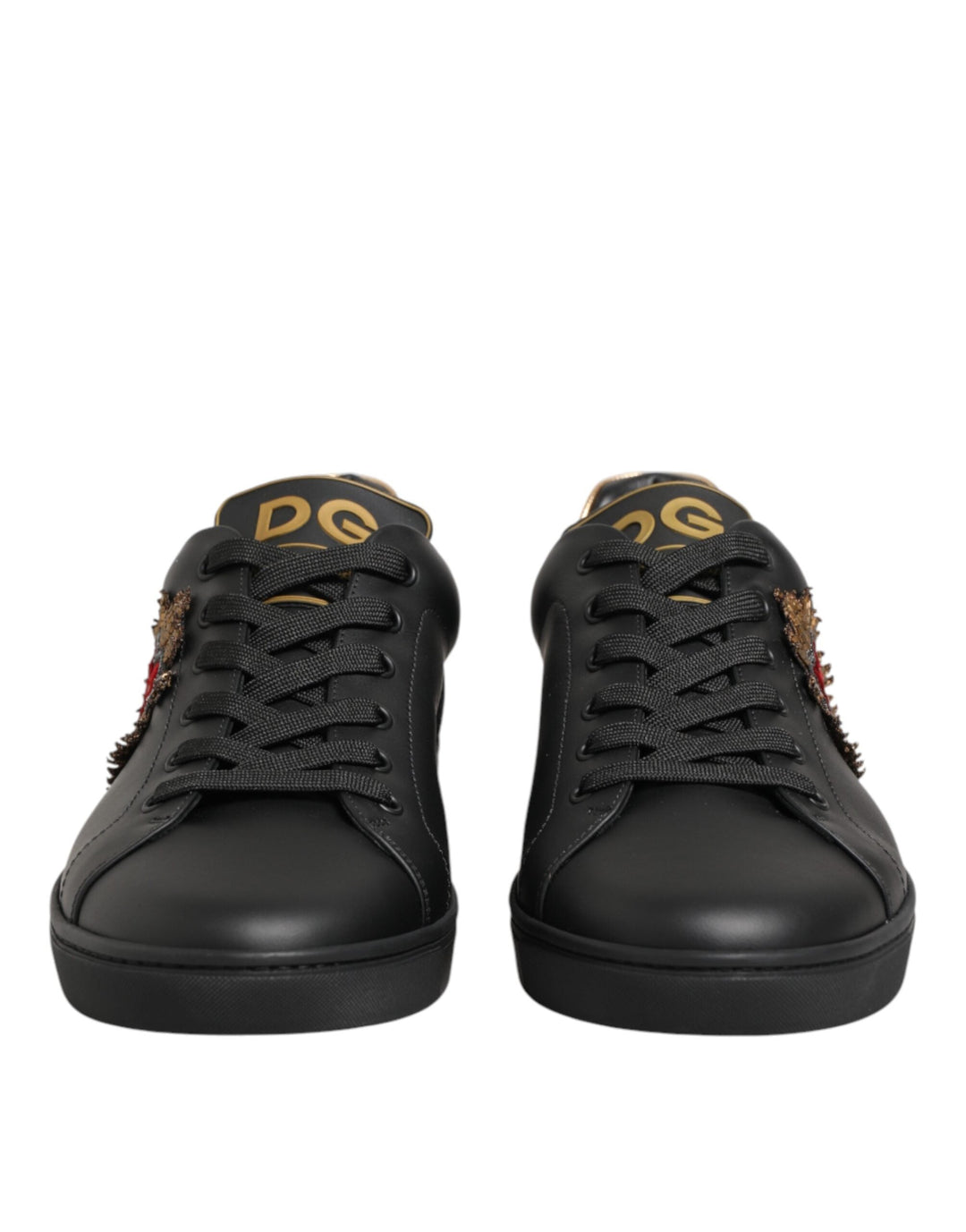 Dolce &amp; Gabbana Black Leather Heart Embellished Sneakers Shoes