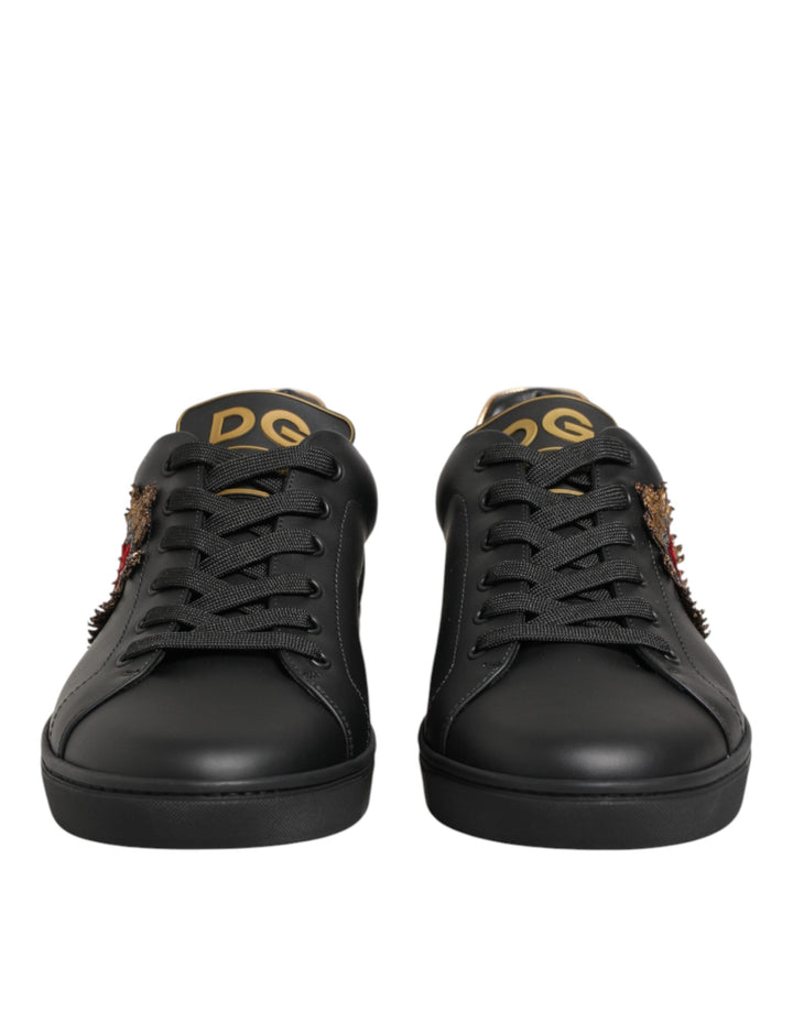 Dolce &amp; Gabbana Black Leather Heart Embellished Sneakers Shoes