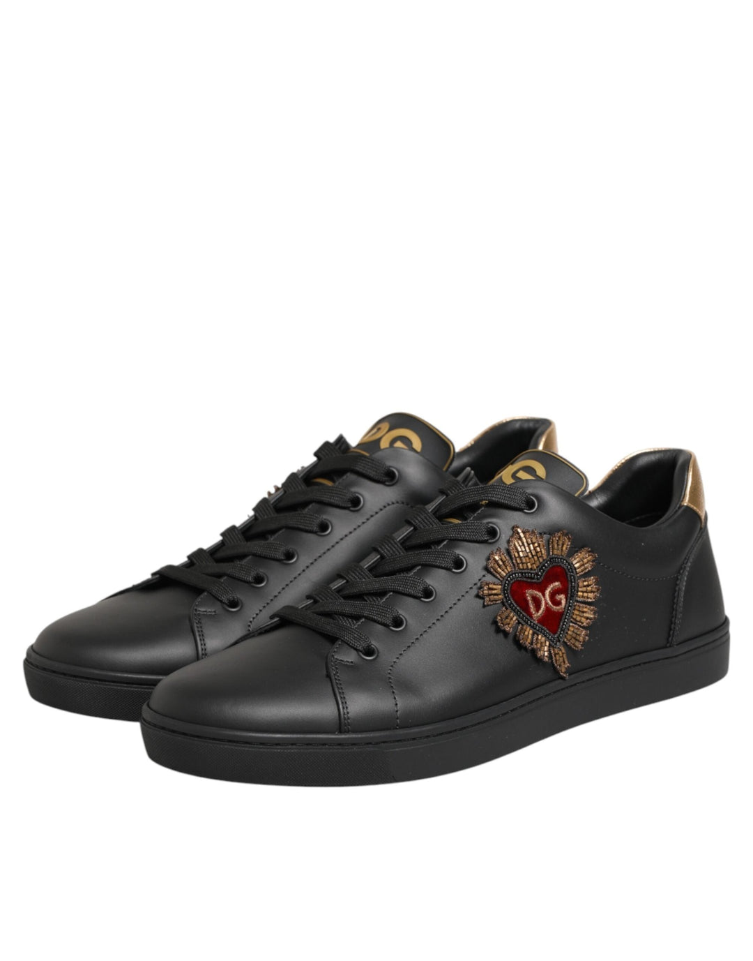 Dolce &amp; Gabbana Black Leather Heart Embellished Sneakers Shoes