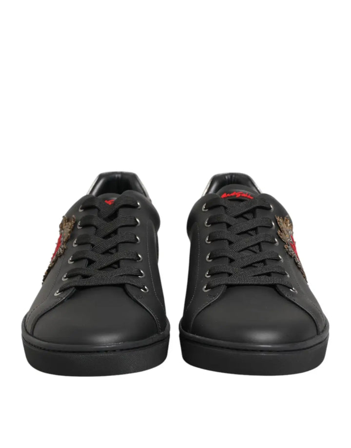 Dolce &amp; Gabbana Black Leather Heart Embellished Sneakers Shoes