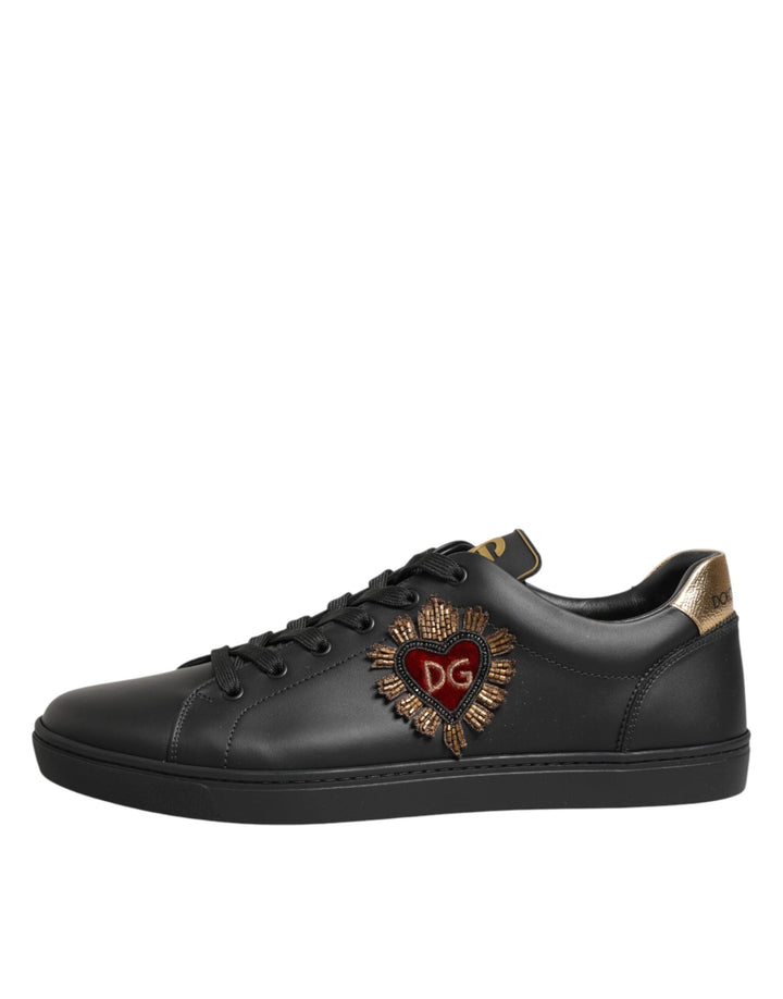 Dolce &amp; Gabbana Black Leather Heart Embellished Sneakers Shoes