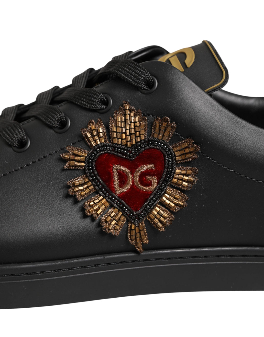 Dolce &amp; Gabbana Black Leather Heart Embellished Sneakers Shoes