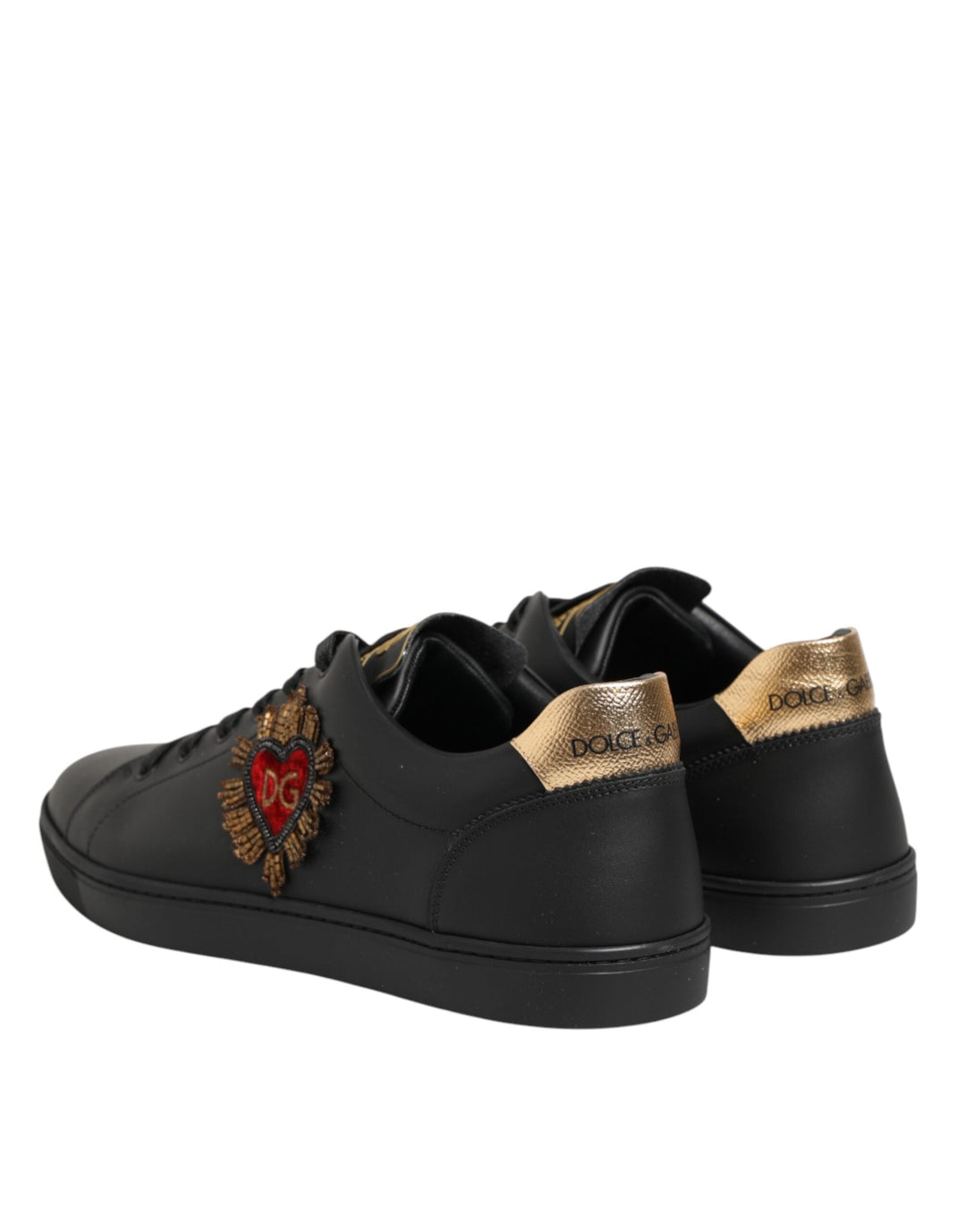 Dolce &amp; Gabbana Black Leather Heart Embellished Sneakers Shoes