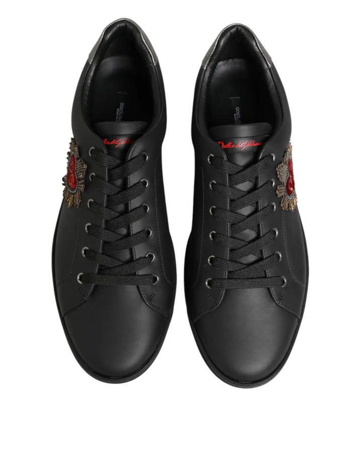 Dolce &amp; Gabbana Black Leather Heart Embellished Sneakers Shoes