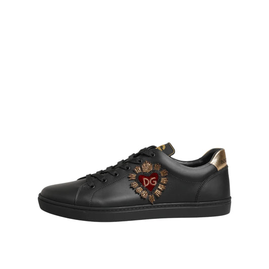 Dolce and Gabbana Black Leather Heart Embellished Sneakers &