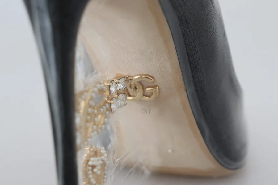 Dolce &amp; Gabbana Black Leather Heels Pumps Plastic Wrapped Shoes