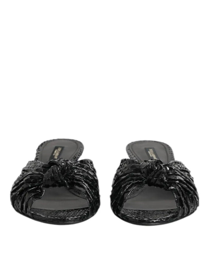Dolce &amp; Gabbana Black Leather Heels Slides Sandals Shoes