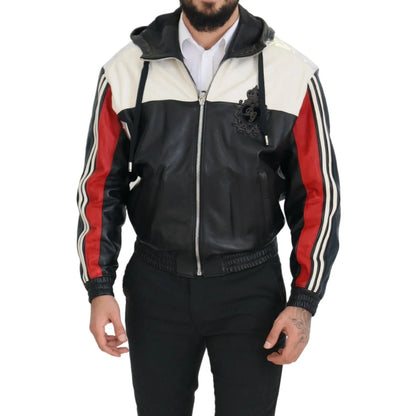 Dolce & Gabbana Black Leather Hooded Blouson Coat Jacket