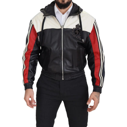 Dolce & Gabbana Black Leather Hooded Blouson Coat Jacket