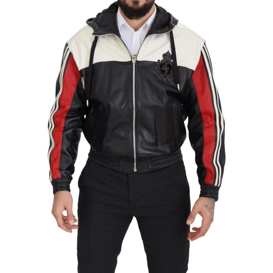 Dolce & Gabbana Black Leather Hooded Blouson Coat Jacket